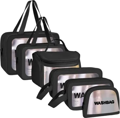 Produktbild von Transparente Kulturbeutel Set 6-teilig Kunstleder PVC Organizer Schwarz