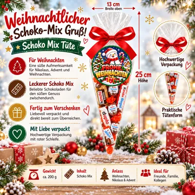 Produktbild von Frohe Weihnachten Schokolade Mix-Tüte 200 g – Weihnachtsgeschenk mit Schokoladen-Mix – Candy & Bar®