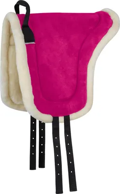 A pink horse saddle pad with cream trim and black straps, shown against a white background.
