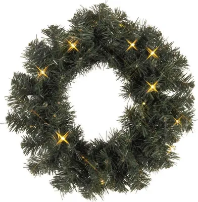A green Christmas wreath with warm white LED lights on a white background.