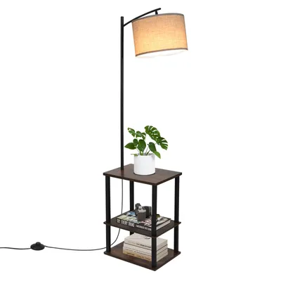 Productafbeelding van Puluomis, 3-laags staande lamp, vloerlamp, staande lamp, voor binnenverlichting, geschikt voor slaapkamer en woonkamer, met houten planken, in de kleuren zwart en bruin