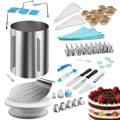 Produktbild von Lindenstein Torten-Zubehör-Set 144 Teile – Backzubehör mit verstellbarem Tortenring 20 cm hoch, Tortenschneider, Tortenheber, Streichwerkzeug, drehbarer Tortenplatte und XXL Torten-Deko-Set