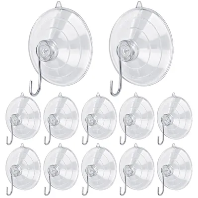 Productafbeelding van Set van 12 transparante zuignappen met haken, diameter 60 mm, belastbaar tot 5 kg, geschikt voor ramen