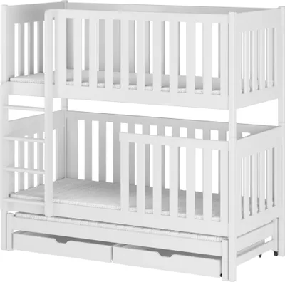 Produktbild von Hochbett mit Ausziehbett aus Massivholz, zwei Schubladen, Lattenrost, extra hohe Ausfallsicherung, umbaubar in 3 Einzelbetten, weiß, 90x200 cm