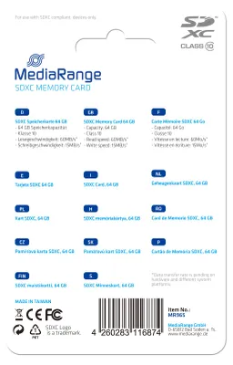 Produktbild von MediaRange MR965, 64 GB, SDXC, Klasse 10, 60 MB/s, 15 MB/s, Blau