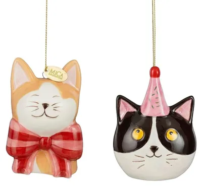 Image de Mica Decorations, ensemble de décorations "Chat" orange et noir, 2 pièces - Ornements de Noël en dolomite - Ornements de Noël avec ruban et bonnet - L 6,5 x l 4 x H 9 cm