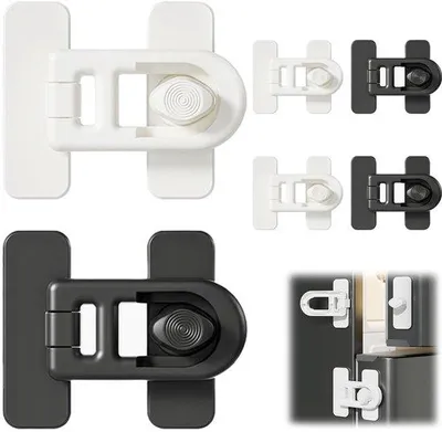 Imagen del producto de Uniqoos®: Juego de 6 cierres de seguridad para niños, con fuerte adhesivo, sin necesidad de taladrar. Fabricados con ABS apto para uso alimentario, ideales para armarios, refrigeradores, cajones y puertas