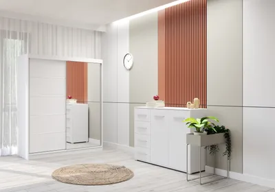 A bedroom or dressing room setting with a wardrobe and a chest of drawers.