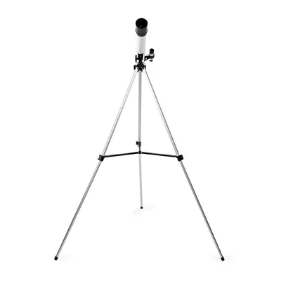A telescope mounted on a tripod, photographed against a white background.