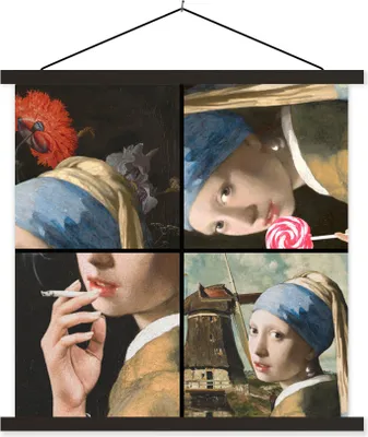 Produktbild von MuchoWow® Textilposter Das Mädchen mit dem Perlenohrring - Vermeer - Collage 40x40 cm mit schwarzem Rahmen - Fotos