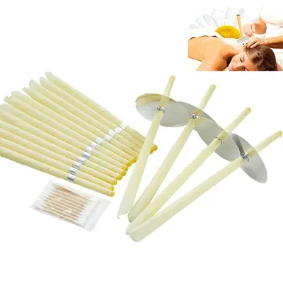 Produktbild von 10er Set Ohrkerzen zur Ohrreinigung, Natürliche Ohrenkerzen aus Baumwolle, inkl. 5 Schutzscheiben & 10 Wattestäbchen, Wellness-Set für Ohrhygiene & Druckentlastung