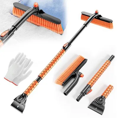 Obrázok produktu pre Uniqoos® snehová metla s odnímateľnou hlavou, otočná o 360°, škrabač na ľad, konštrukcia z hliníka a ABS plastu, rukoväť z peny, dĺžka 77–98 cm, vhodná pre automobily a SUV