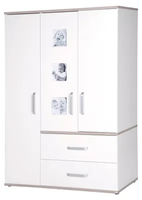 Produktbild von roba Kleiderschrank Babyzimmer 'Moritz', Kinderschrank 3-türig mit 3 Bilderrahmen, weiß, 'Luna Elm'