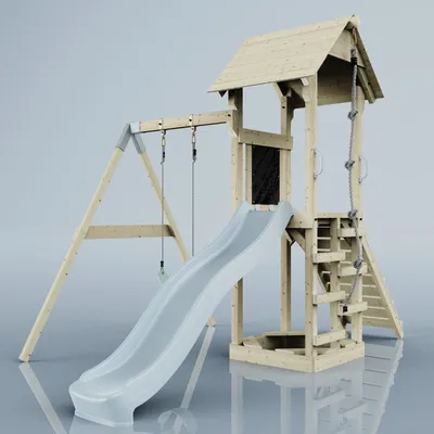 Produktbild von OutdoorToys Spielturm mit Wellenrutsche und Kinder-Schaukel, Outdoor Klettergerüst Garten, Ausführung: Kinderschaukel, Farbe: Eisblau, mit Kinderschaukel
