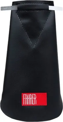 A black bicycle fender protector with a red brand label.