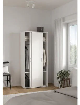 Image de ARMOIRE COULOIR COULISSANT, 2 portes, blanc mat, 77,6 x 48,3 x 175,4 cm, 1 barre de penderie + 2 étagères