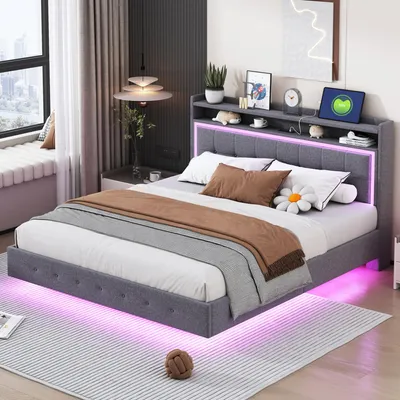 Image de Merax Lit rembourré 160x200cm avec prise USB et LED, Lit de rangement avec tête de lit, Design flottant, Lit double en tissu de lin, Gris