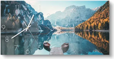 Produktbild von DEQORI Glasuhr 60x30 cm Zahlen 'Blick auf Lago di Braies' Wanduhr Glas Uhr Design leise