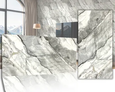 A modern interior with marble-look wall panels and a reception desk.