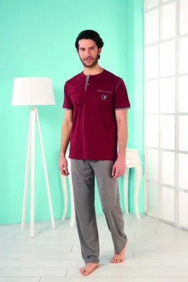 Produktbild von Herren Pyjama Schlafanzug Bordeuax M Kurz 2-Teiler Set %100 Baumwolle S-75