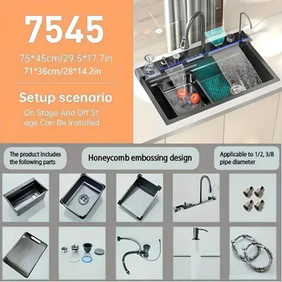 Zdjęcie produktu dla Zlewozmywak kuchenny 75x45 cm - szczotkowana stal nierdzewna z cyfrowym wyświetlaczem i wysuwaną baterią