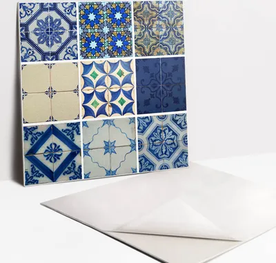 Produktbild von Fliesenaufkleber Set - 9 Stück Selbstklebende PVC Fliesen-Designs - Für Bad und Küche 30 x 30 - Dekorative Kacheln