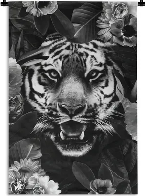Produktbild von MuchoWow® Wandteppich Wandbehang Tigerkopf zwischen Blumen - schwarz und weiß 120x180 cm Tapisserie Dekoration Wandtuch - Schlafzimmer - Dekorationen für das Haus