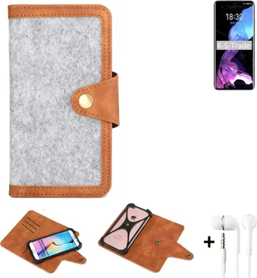 Produktbild von K-S-Trade Handyhülle + Kopfhörer kompatibel mit Meizu 18 Schutzhülle Filz Hülle Kunstleder hellgrau braun (1x)
