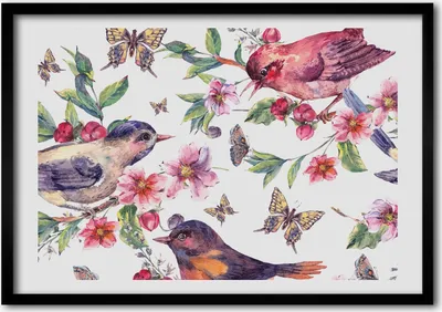 Produktbild von Bild - Bilder - Bilderrahmen - 70 cm x 50 cm - MDF-Rahmen, Wandkunst Vögel Schmetterlinge Kirschen