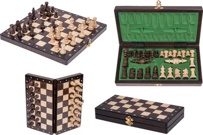 A collage of four images showing different chess sets and their components.