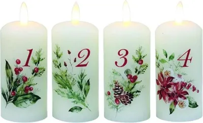 Four white LED candles with Christmas-themed decorations and numbers 1 through 4 printed on them.