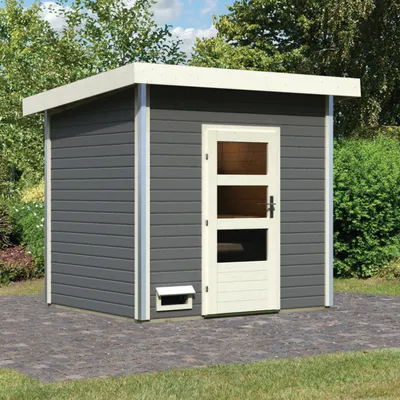 Produktbild von Karibu Holz Gartensauna / Saunahaus "Norge" terragrau 231 x 196 x 238 cm (B x T x H) ohne Ofen mit Klarglastür