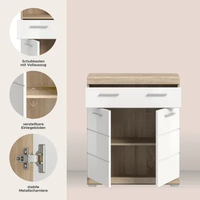 Produktbild von Lambada Badschrank 2 Türen, 1 Schublade Weiß hochglanz, Eiche Nachbildung.