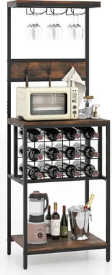 A freestanding wine rack with various compartments and accessories.