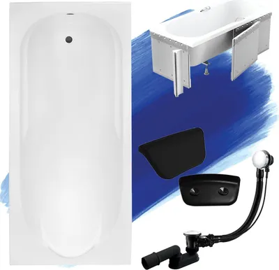 Produktbild von Badewanne Rechteck Set 5in1 170x70 mit Premium Ablaufgarnitur und Füßen GRATIS + Verkleidung (Styropor) + Kopfstütze in Schwarz | BADLAND BONA