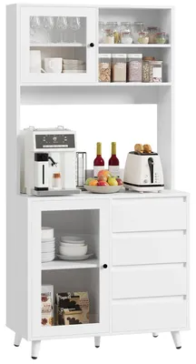 Obrázek produktu pro Vysoká kuchyňská skříň – spížová skříň s úložným prostorem – 180 × 80 × 40 cm – 4 zásuvky – skleněné dvířka – pracovní deska – moderní dřevotřísková deska – bílá