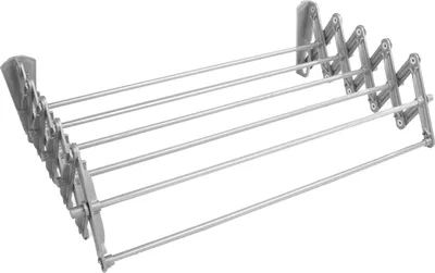 A silver wall-mounted folding drying rack with multiple bars.