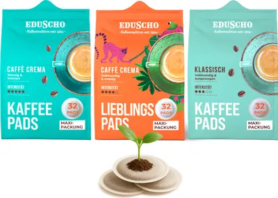 Produktbild von Eduscho Kaffeepadmix Probierset Vielfaltspaket, Lieblingspads Caffè Crema, Caffè Crema & Klassisch, 96 Stück – 3x 32 Pads, nachhaltig, geeignet für Senseo Maschinen