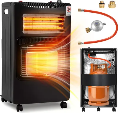 Obrázek produktu pro Keramické plynové topidlo Bettizia, plyn+elektřina, včetně euroadaptéru, 42x36x72 cm, piezoelektrické zapalování, ochrana proti překlopení, plynová hadice, pro plynové lahve na propan/butan do 15 kg