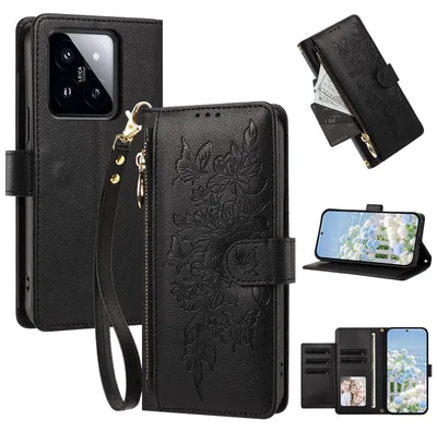Produktbild von Handyhülle für Xiaomi 14, Wallet Case Kunstleder mit Kartenfächern, Reißverschluss und Handschlaufe Schwarz