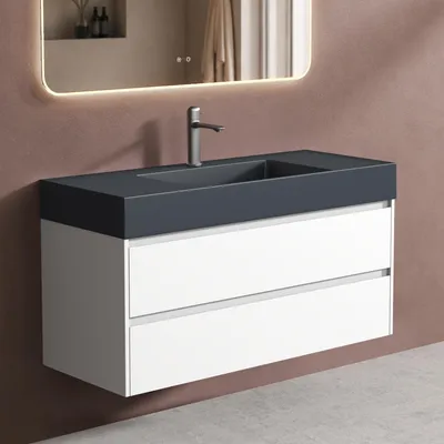 Image de doporro Meuble de Salle de Bain Blanc Mat Ensemble de 2 Pièces Meuble avec Lavabo Anthracite 120cm Design Deep avec 2 Tiroirs