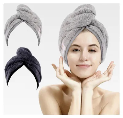 Produktbild von 2er Set Haartuch Turban, Mikrofaser-Haartrocknungshandtuch mit Knopfdesign (Dunkelgrau & Hellgrau)