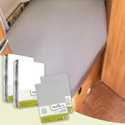 Produktbild von Dexitex Spannbettlaken Wohnmobil 4er Set- 2 Spannbettlaken + 2 Molton - französische Bettwäsche für Matratze Wohnmobil - Rechts - Weiß / Hellgrau