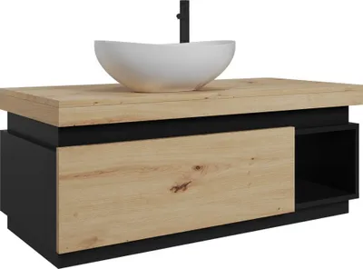 Produktbild von Easy4You Unterschrank Kaya 100 cm Matt Schwarz/Eiche Hängeschrank Badschrank Badezimmerschrank mit Schublade und Ablage