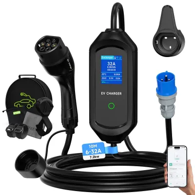 Produktbild von Ladekabel für Elektrofahrzeuge, 7,2 kW - 10 Meter Länge - Typ 2 Stecker - Einstellbarer Strom für Elektrofahrzeuge