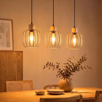 Produktbild von ZMH Esszimmer Pendelleuchte 3 flammig Esstisch Hängelampe E27 Grau Hängeleuchte Holz Küchenlampe Küche Pendellampe für Kücheninsel Schlafzimmer