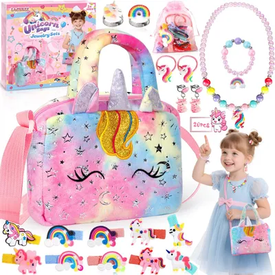 Immagine prodotto di Set di gioielli per bambini a tema unicorno, composto da 20 pezzi: collane, braccialetti, orecchini e anelli, adatto a bambine dai 3 ai 7 anni