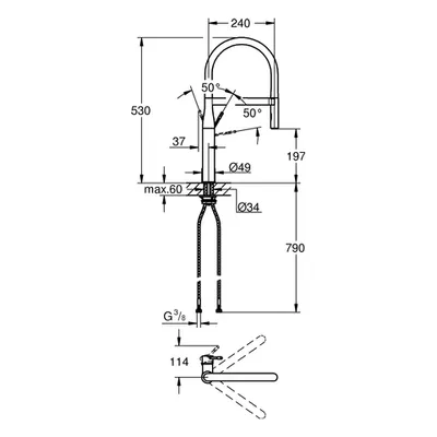 Technical drawing of a faucet with dimensions and angles.