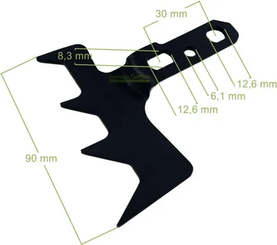 A black metal chainsaw part with dimensions indicated by lines and text.