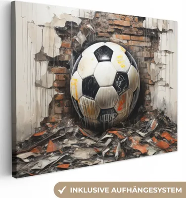 Produktbild von MuchoWow® - Leinwandbilder - Fußball - Wand - Schwarz - Weiß, Wandbild, Wanddeko Bilder Wohnzimmer, 80x60 cm